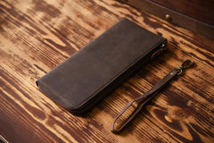 Handmade Leather Mens Cool Long Leather Wallet Zipper Clutch Wallet for Men