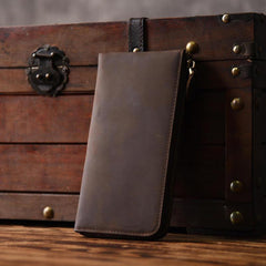 Handmade Leather Mens Cool Long Leather Wallet Zipper Clutch Wallet for Men