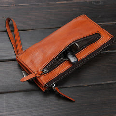 Handmade Leather Mens Cool Long Leather Wallet Zipper Clutch Wristlet Wallet for Men