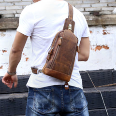 Handmade Leather Mens Cool Chest Bag Sling Bag Crossbody Bag Travel Bag Hiking Bag for men