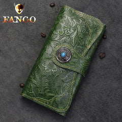 Handmade Leather Floral Mens Cool Travel Long Wallet Card Holder Card Slim Clutch Wallets for Men