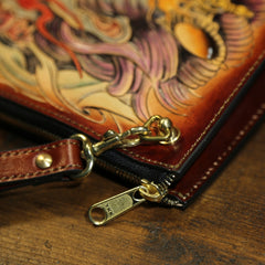 Handmade Leather Tooled Mens Cool Long Leather iPad Bag Wristlet Clutch Wallet for Men