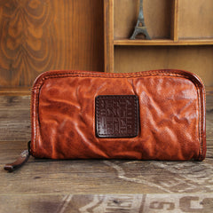 Handmade Genuine Leather Mens Cool Long Leather Wallet Zipper Clutch Wristlet Wallet for Men