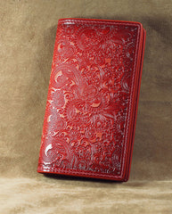Handmade Leather Tooled Trifold Henna Floral Mens Long Wallet Cool Leather Wallet Clutch Wallet for Men