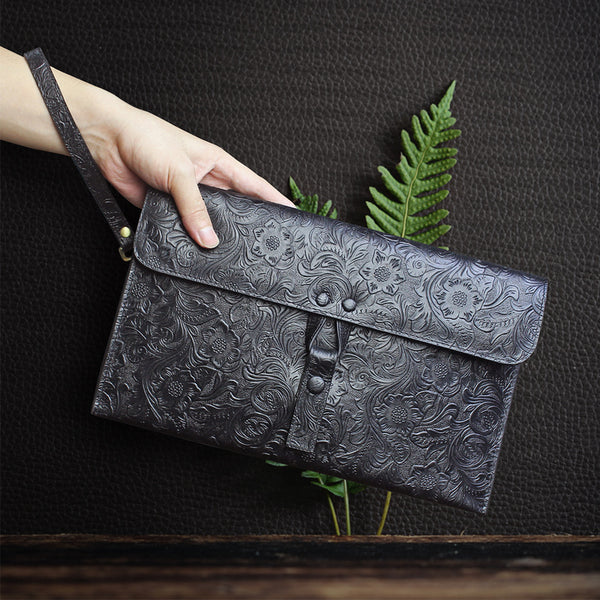 Handmade Leather Floral Tooled Mens Clutch Cool Slim Wallet Zipper Clutch Wristlet Wallet for Men