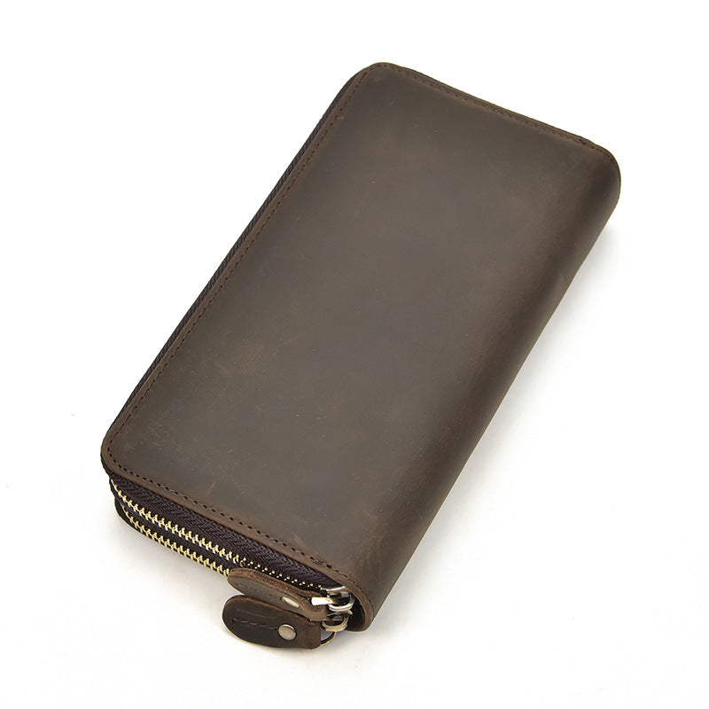 Handmade Leather Mens Cool Long Leather Wallet Zipper Wristlet Bag Clutch Wallet for Men