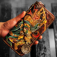 Handmade Leather Tooled Monkey King Mens Chain Biker Wallet Cool Leather Wallet Long Clutch Wallets for Men