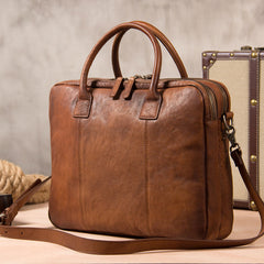 Genuine Leather Mens Vintage Brown Briefcase Shoulder Bag Work Bag Laptop Bag Business Bag for Men