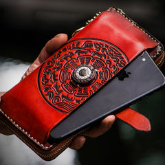 Handmade Leather Tibetan Mens Chain Biker Wallet Cool Leather Wallet Long Clutch Wallets for Men