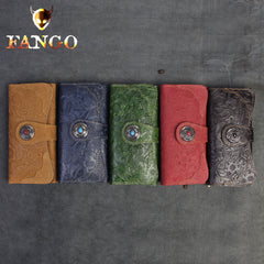 Handmade Leather Floral Mens Cool Travel Long Wallet Card Holder Card Slim Clutch Wallets for Men