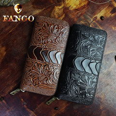 Handmade Leather Floral Mens Cool Zipper Phone Travel Long Wallet Card Holder Card Slim Clutch Wallets for Men