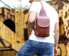 Genuine Leather Mens Cool Chest Bag Sling Bag Crossbody Bag Travel Bag Hiking Bag for men