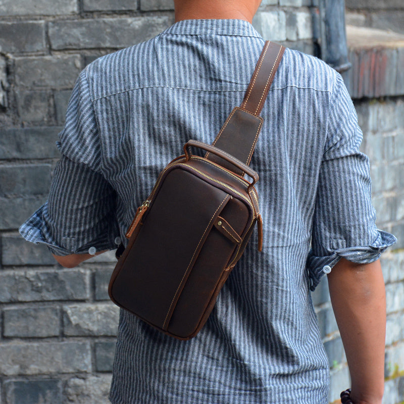 Leather Crossbody Bag Sling Chest Bag Travel Bag in Brown 