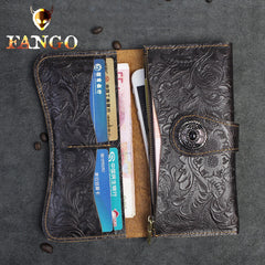 Handmade Leather Floral Mens Cool Travel Long Wallet Card Holder Card Slim Clutch Wallets for Men