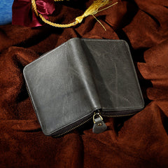 Handmade Leather Mens Cool Zipper Leather Wallet Card Wallet Men Small Wallets Bifold for Men
