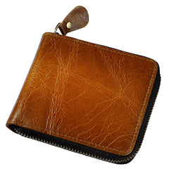 Handmade Leather Mens Cool Zipper Leather Wallet Card Wallet Men Small Wallets Bifold for Men