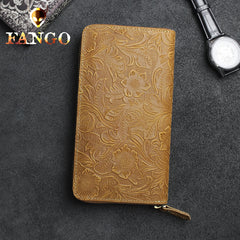 Handmade Leather Floral Mens Cool Travel Long Wallet Card Holder Card Slim Clutch Wallets for Men