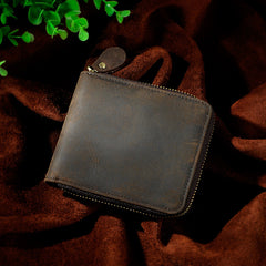 Handmade Leather Mens Cool Zipper Leather Wallet Card Wallet Men Small Wallets Bifold for Men