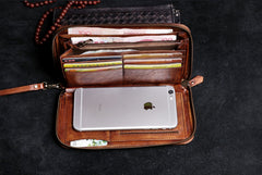 Handmade Leather Mens Cool Long Leather Wallet Card Wallet Clutch Wristlet Wallet for Men