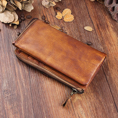 Handmade Leather Mens Cool Long Leather Wallet Bifold Clutch Wallet for Men