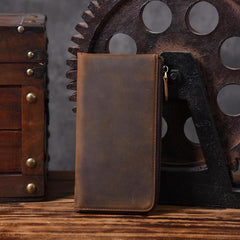 Handmade Leather Mens Cool Long Leather Wallet Zipper Clutch Wallet for Men