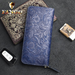 Handmade Leather Floral Mens Cool Travel Long Wallet Card Holder Card Slim Clutch Wallets for Men