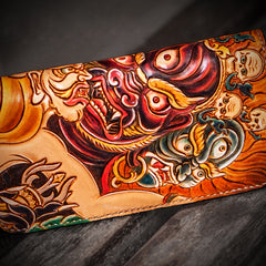 Handmade Leather Tooled Mahākāla Mens Zipper Wallet Cool Leather Wristlet Wallet for Men