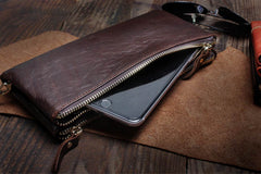 Handmade Leather Mens Cool Long Leather Wallet Slim Zipper Clutch Wristlet Wallet for Men