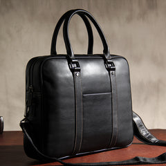 Genuine Leather Mens Black Briefcase Shoulder Bag Work Bag Laptop Bag Business Bag for Men