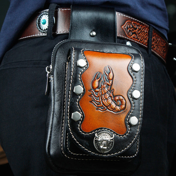Cool Leather Mens Engraved Scorpion Biker Belt Pouch Waist Bag Drop Leg Bag for Men - iwalletsmen