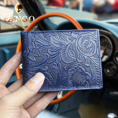 Blue Leather ID Holder Wallet Womens ID Card Holder Wallet Floral Wallet with ID Window  slim wallet with id window​