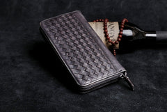 Handmade Leather Mens Cool Long Leather Wallet Card Wallet Clutch Wristlet Wallet for Men