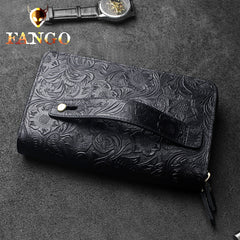 Handmade Leather Floral Tooled Mens Clutch Cool Slim Wallet Zipper Clutch Wristlet Wallet for Men