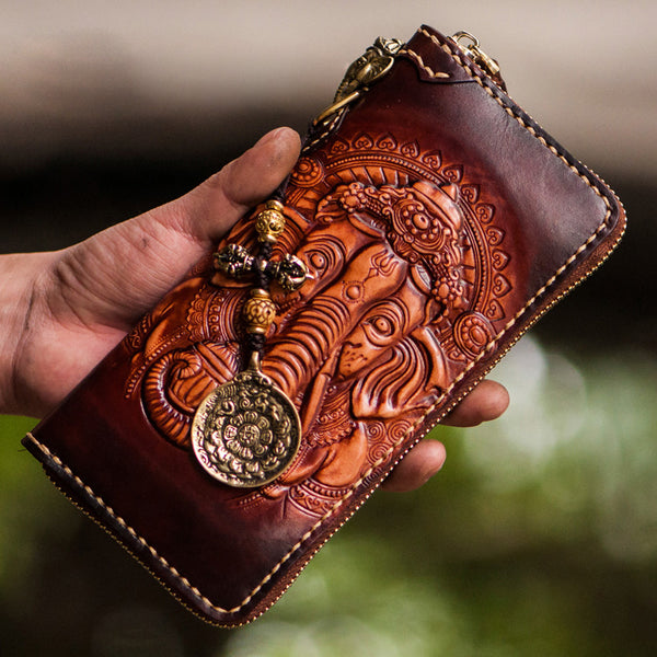 Handmade Leather Tooled Ganesh Mens Chain Biker Wallet Cool Leather Wallet Zipper Long Phone Wallets for Men