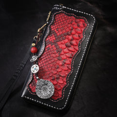 Handmade Leather Python Skin Mens Chain Biker Wallet Cool Leather Wallet Long Phone Wallets for Men
