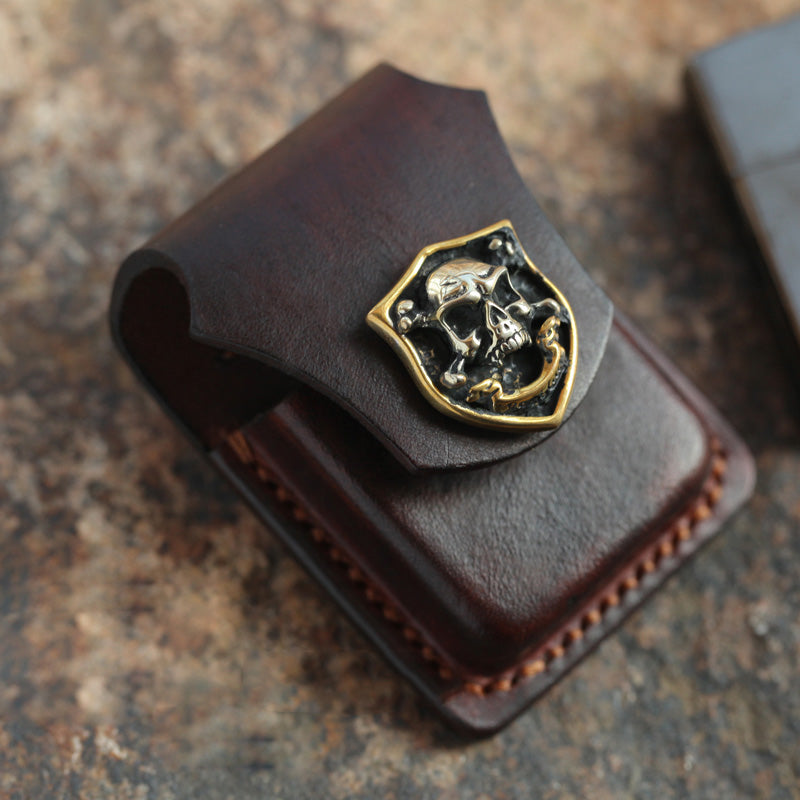 Cool Mens Leather Skull Zippo Lighter Cases with Loop Zippo lighter Holder with clips - iwalletsmen