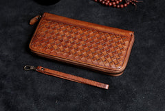 Handmade Leather Mens Cool Long Leather Wallet Card Wallet Clutch Wristlet Wallet for Men