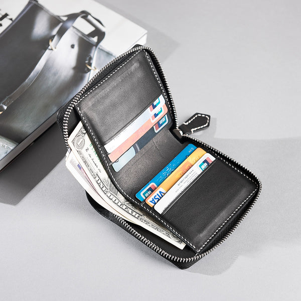 Handmade Leather Mens Cool Slim Leather Zipper Wallet Men Small Wallets Bifold for Men