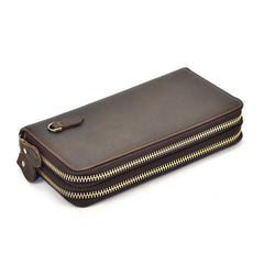 Handmade Leather Mens Cool Long Leather Wallet Zipper Wristlet Bag Clutch Wallet for Men