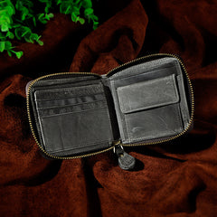 Handmade Leather Mens Cool Zipper Leather Wallet Card Wallet Men Small Wallets Bifold for Men