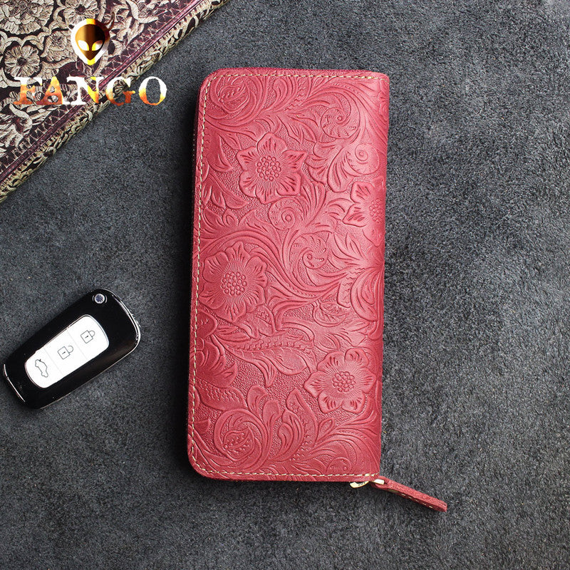 Handmade Leather Floral Mens Cool Travel Long Wallet Card Holder Card Slim Clutch Wallets for Men