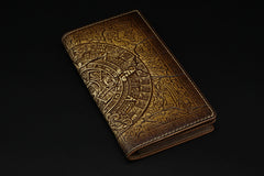 Handmade Leather Tooled Xiuhpohualli Calendar Mens Long Wallet Cool Leather Wallet Clutch Wallet for Men