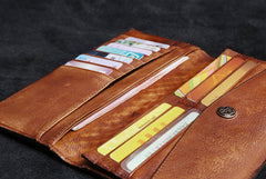 Handmade Leather Mens Cool Long Leather Wallet Card Wallet Clutch Wristlet Wallet for Men