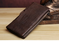 Handmade Leather Mens Cool Long Leather Wallet Card Wallet Clutch Wristlet Wallet for Men
