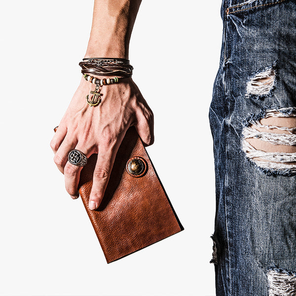 Handmade Leather Mens Cool Long Leather Wallet Bifold Clutch Wallet for Men - iwalletsmen