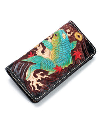 Handmade Leather Carp Mens Chain Biker Wallet Cool Leather Wallet Long Phone Wallets for Men