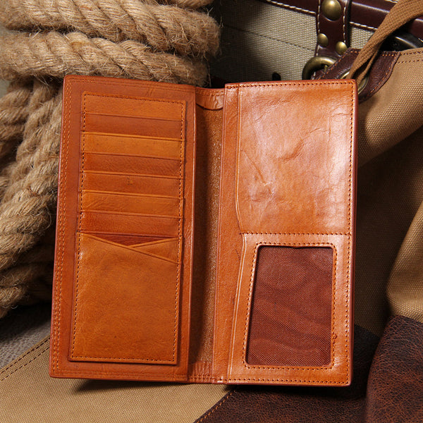 Cool Leather Mens Long Leather Wallet Bifold Slim Wallet for Men