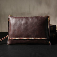 Handmade Leather Mens Coffee Brown Clutch Vintage Wristlet Bag Clutch Wallet for Men