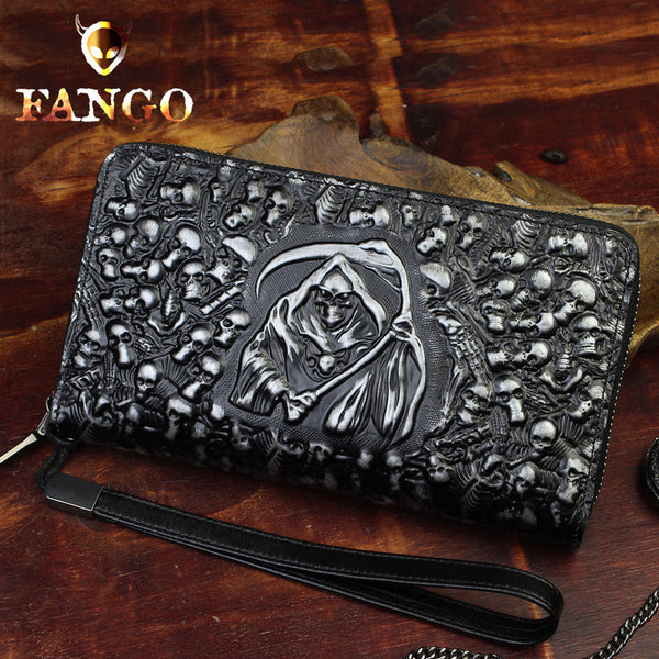 Handmade Leather Mens Tooled Skull Death Cool Zipper Phone Travel Long Wallet Card Holder Card Slim Clutch Wallets for Men