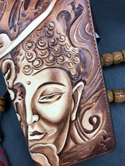Handmade Leather Mens Clutch Wallet Cool Buddha&Demon Tooled Wallet Long Zipper Wallets for Men